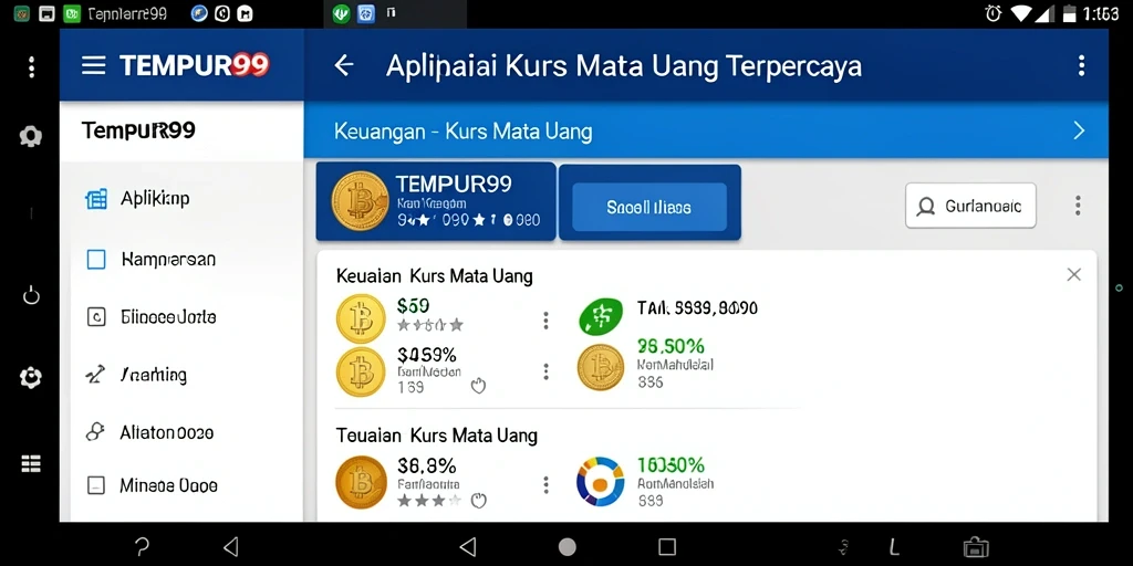 Antarmuka aplikasi TEMPUR99 yang menampilkan kurs mata uang terkini.
